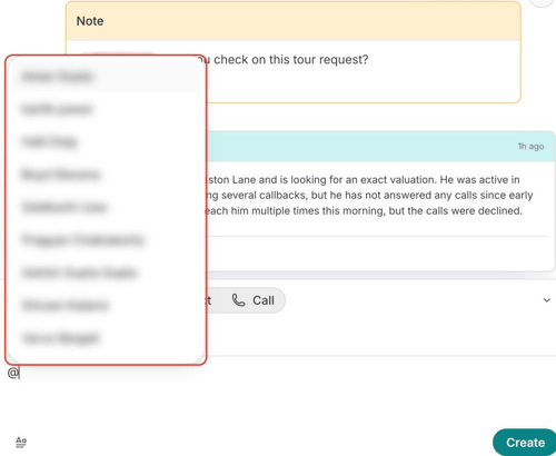 Notes composer with the @mention list open