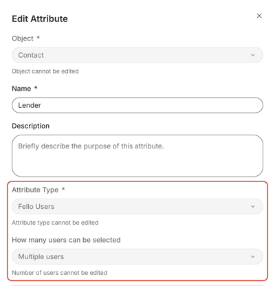 Attribute settings showing Attribute Type: Fello Users and How many users can be selected