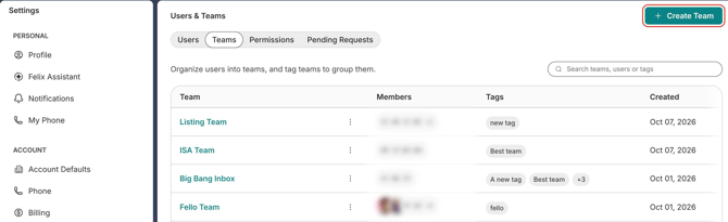 Teams tab in Users & Teams, Create Team button boxed