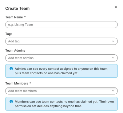 Create Team panel showing Team Name, Tags, Team Admins, and Team Members