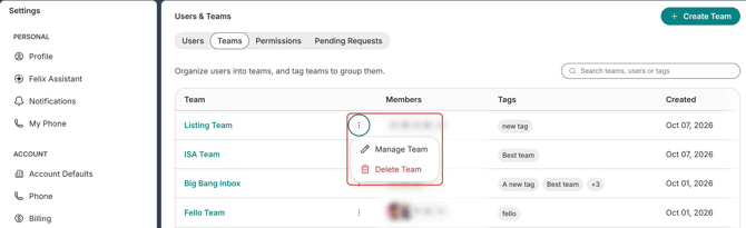 3-dot menu on a team row showing Manage Team and Delete Team