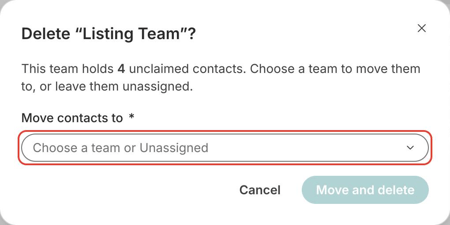 Delete team dialog with the Move contacts to dropdown