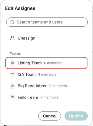 Edit Assignee panel showing the Teams list above users