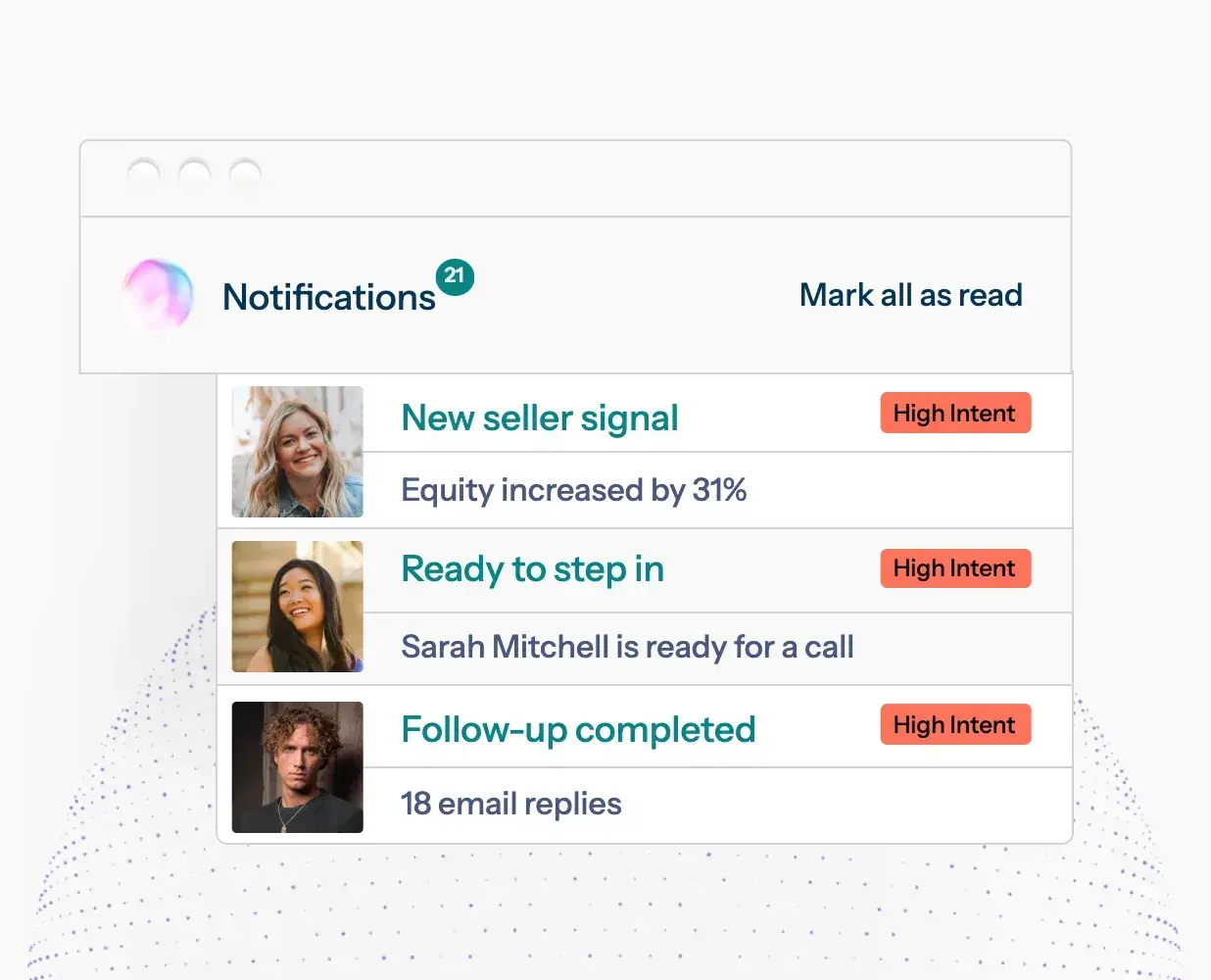 Felix notifications: new seller signal, ready to step in, follow-up completed