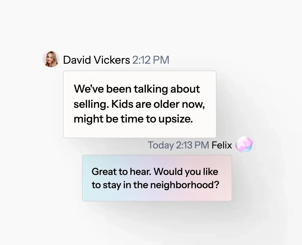 A lead texting with Felix about selling and upsizing