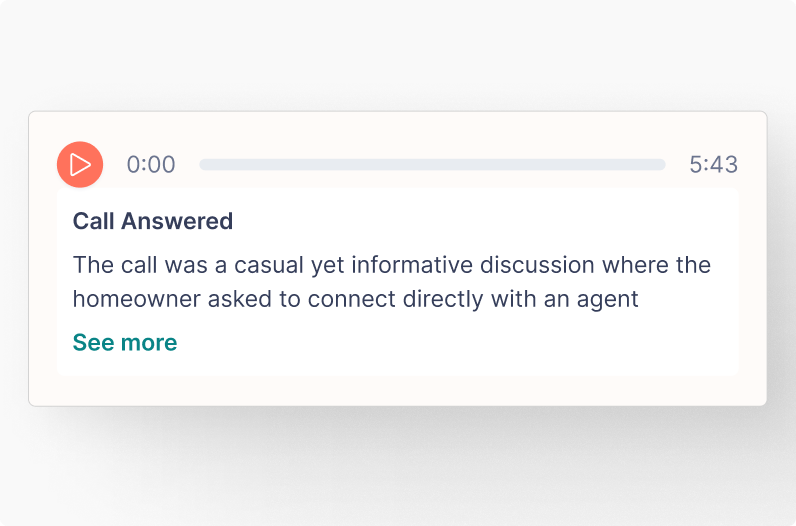 Call-recording player marked Call Answered, with a summary of the conversation.