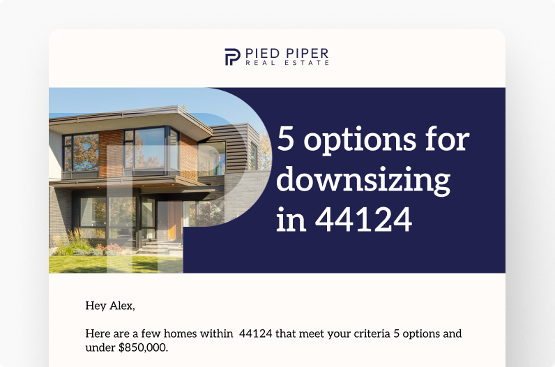 Personalized real-estate email preview with a hero image and matched listings.
