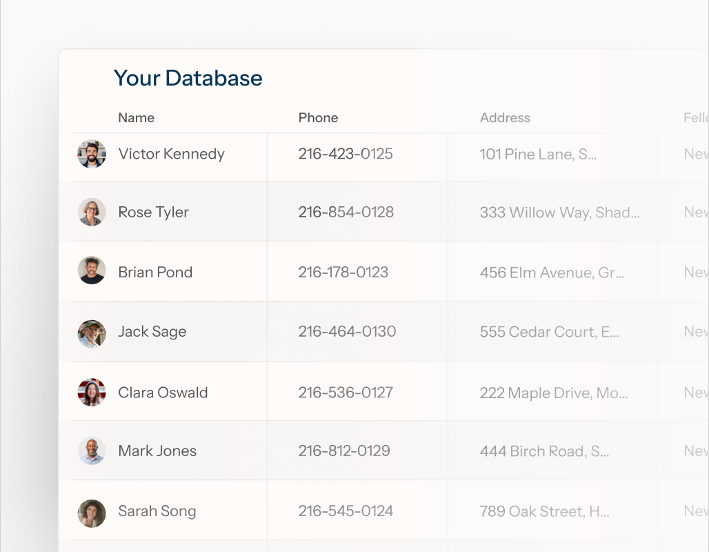 Your Database — a table of contacts with phone, address and Fello signals